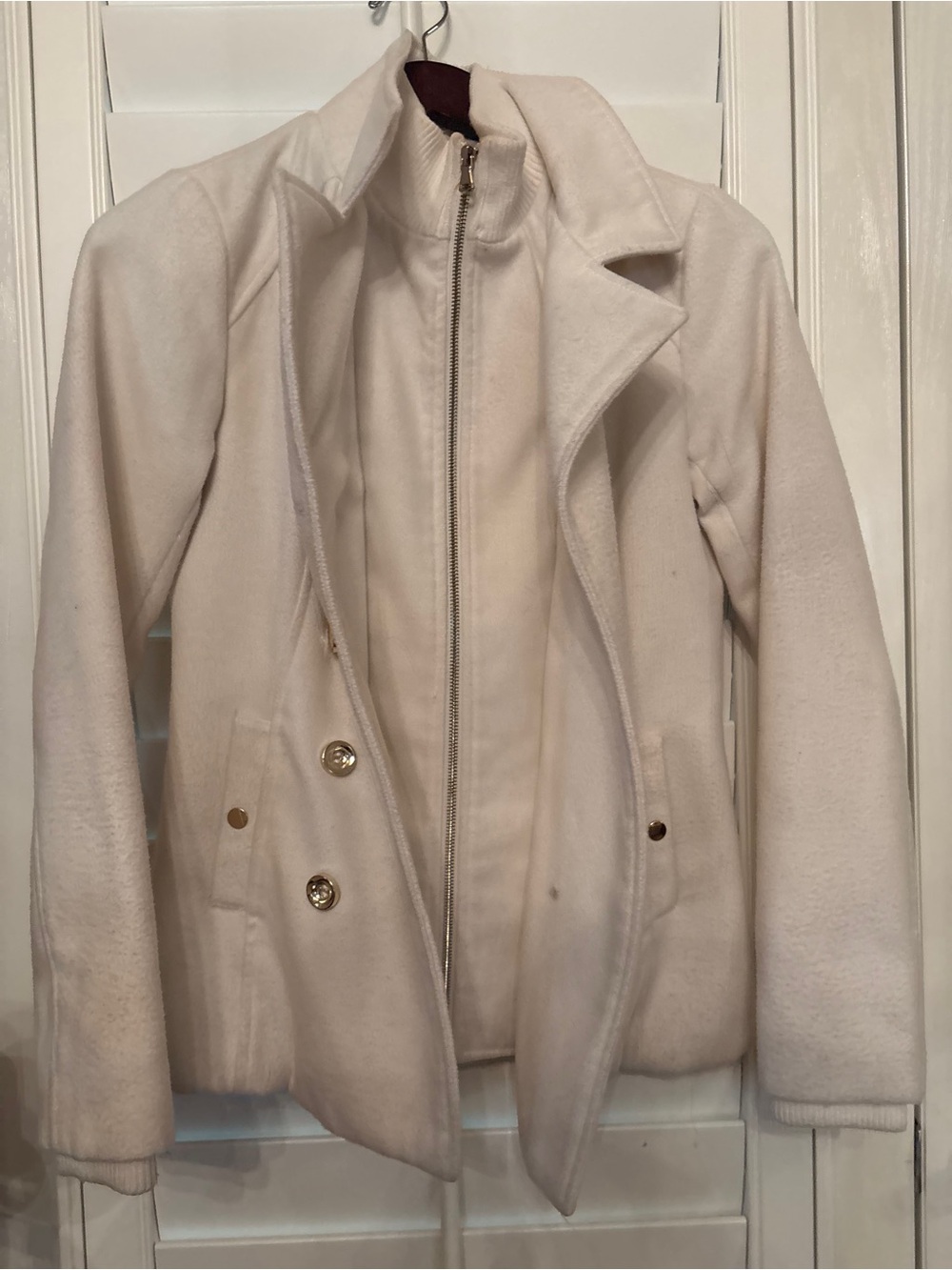 G by Guess Cream Double-Breasted Pea Coat with Inner Zip Layer